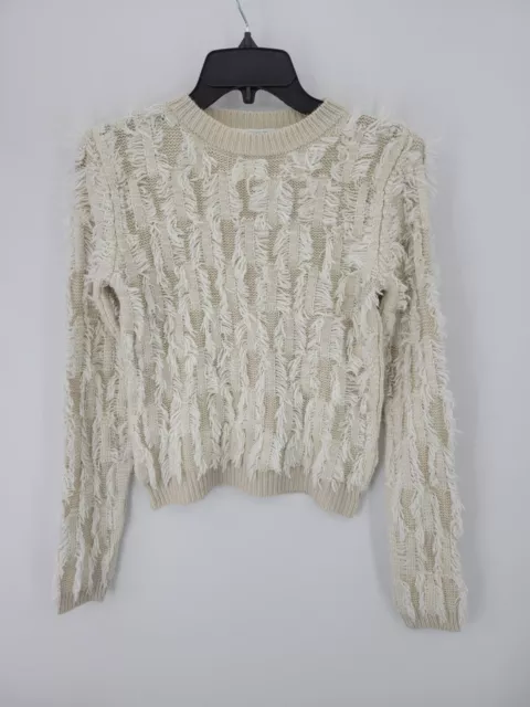 Kimchi Blue Sweater Womens XS Ivory Shaggy Fringe Cropped Boho Pullover