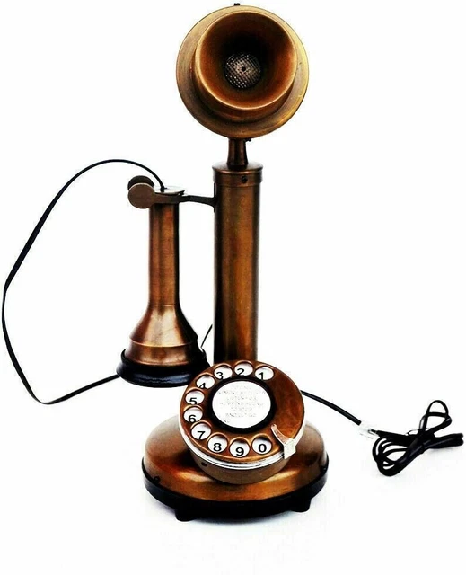 Teléfono antiguo vintage con dial giratorio y candelabro, teléfono fijo de...