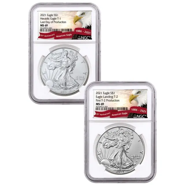 2-Coin Set - 2021 American Silver Eagle T1 Last Day - First T2 Production NGC...