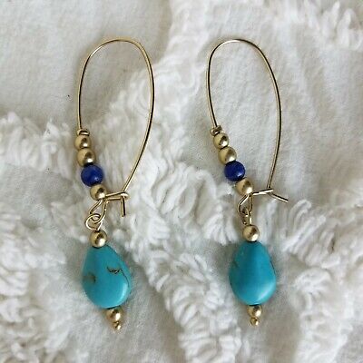 Earrings Dangle Teardrop Metal and Bead Howlite Turquoise Gold Tone Blue Kidney