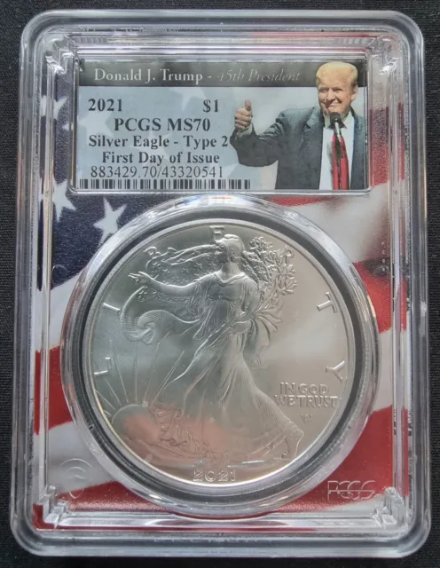 2021 USA 1 oz American silver eagle Type 2 Usa Flag D.J. Trump PCGS MS70 FDOI