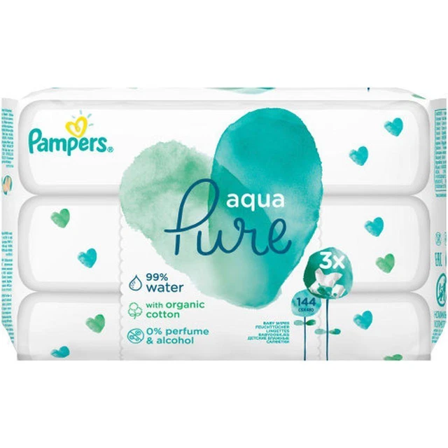 Pampers Aqua Pure Feuchttücher mit purem Wasser und Bio-Baumwolle 3x48 Stück
