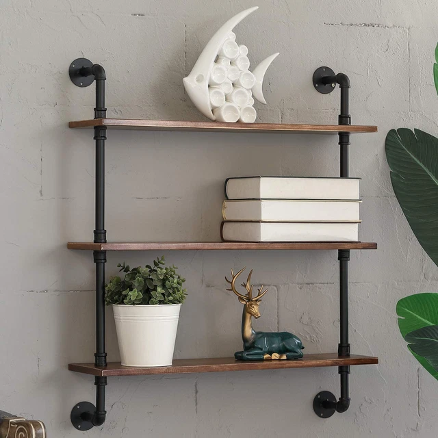 Industrial Pipe Shelving 27.5" W Rustic Floating Wood Shelf Wall Mounted Farmhou