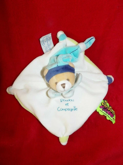 Doudou et Compagnie Ours Tatoo Plat Carré Blanc Bleu Dessous Vert  Etat Neuf