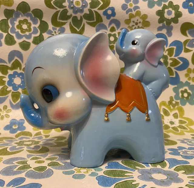 Vintage Norleans Japan Blue Elephants Coin Bank Kitschy Cute