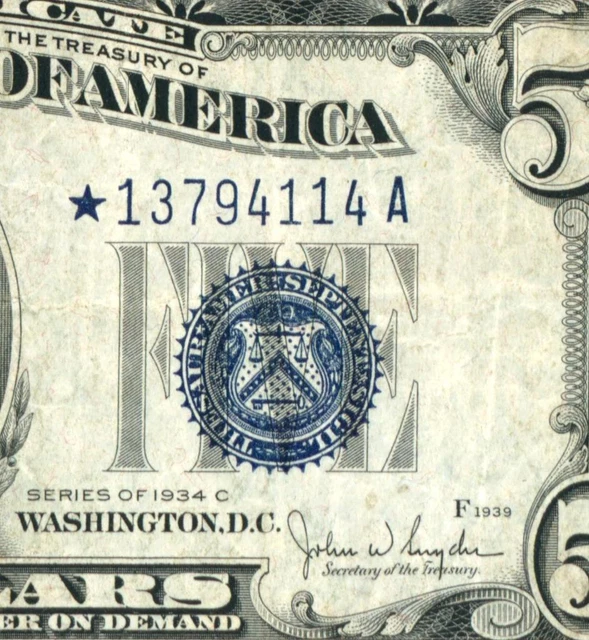 **STAR** $5 1934 C Silver Certificate ** CURRENCY AUCTIONS ** COMBINED SHIPPING
