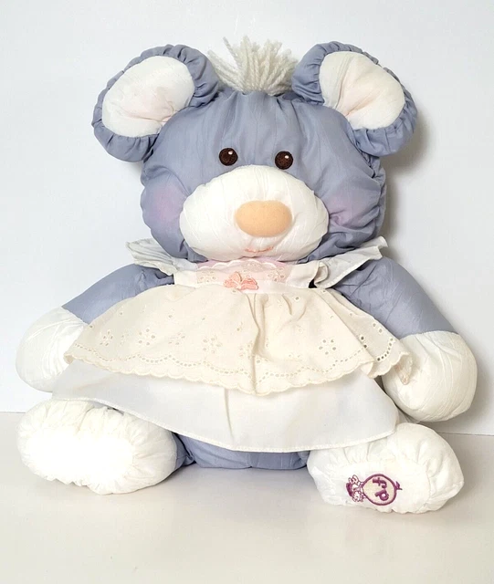Vintage Fisher Price Puffalump Mouse 1987 Plush Stuffed Blue W/ White/Pink Dress