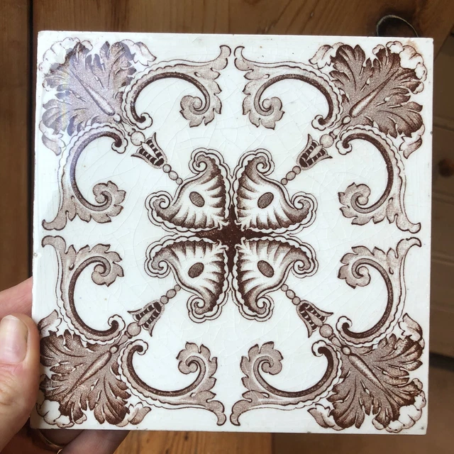 Antique Original Victorian 6inch Transfer Printed Geometric Pattern Tile