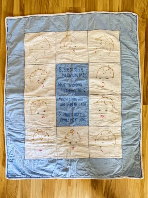 Handmade Vintage Embroidered Baby Quilt Blanket Needlepoint Blue White Angels