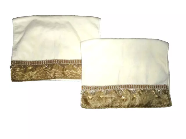 CHAPEL HILL CRINKLED SATIN champagne GOLD BEADED VELOUR (2) HAND TOWELs 15 X 25