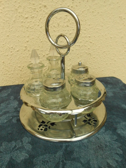 Ancien Serviteur À Condiments ,huile Vinaigre Sel Moutarde Poivre Metal Argente 299499