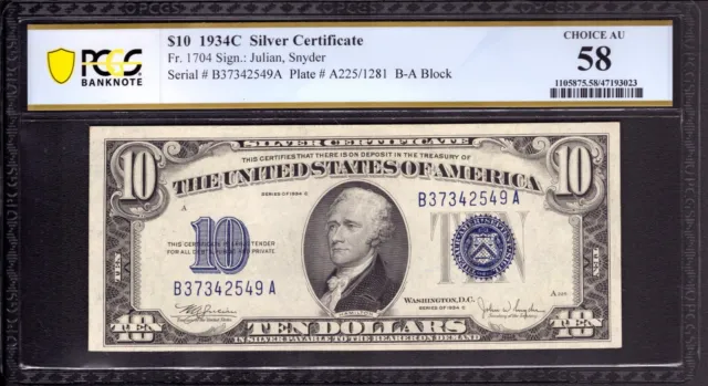 1934 C $10 Silver Certificate Note Fr.1704 Aa Block Pcgs B Choice Au 58
