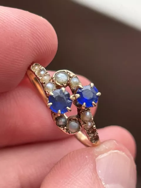 Antique 10K Solid Yellow Gold Blue Stone Seed Pearl Victorian Ring Cool Piece!