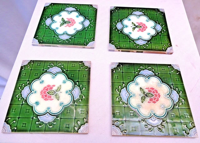 VINTAGE TILE CERAMIC PORCELAIN MAJOLICA ART NOUVEAU GEOMETRIC FLOWER DESIGN 4 Pc 2