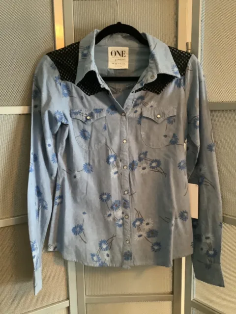 New One X One Teaspoon chambray wild saloon Shirt Top floral pearl snaps Sz XS