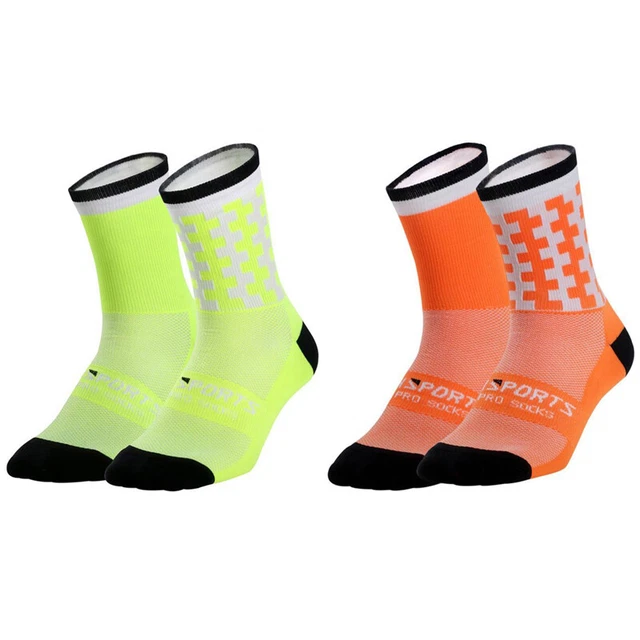 2 Pairs Cycling Socks Riding Bicycle Bike Sports Ankle Socks XC MTB Green Orange