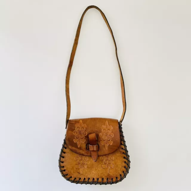 Vintage Hand Tooled Carved Brown Leather Shoulder Small Handbag Boho Cowboycore