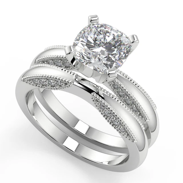 1.05 Ct Cushion Cut Milgrain 4 Prong Diamond Engagement Ring SI2 D Treated