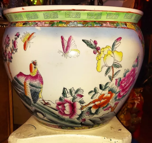 Antique Large Chinese Oriental Asian Pottery Porcelain Fish Bowl Planter 14"