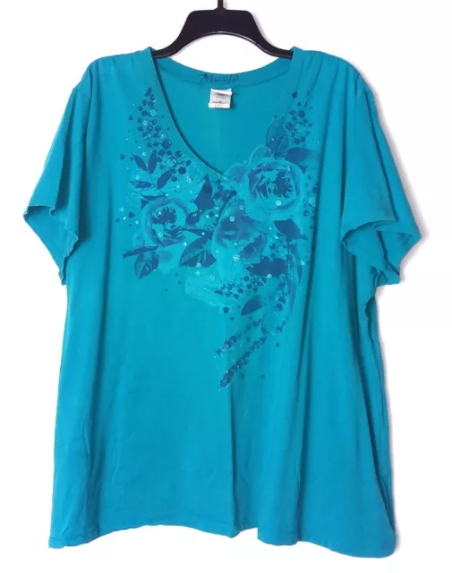 Just My Size Women's 4X Teal Floral Cotton Jersey Plus Size T-Shirt Top