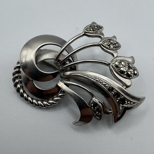 Broche Ancienne Lézard En Argent Massif Et Marcassite - Vintage