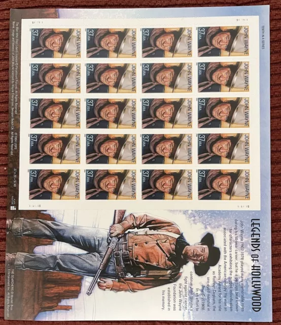 Scott #3876 37¢ Legends of Hollywood - John Wayne Sheet of 20 Stamps