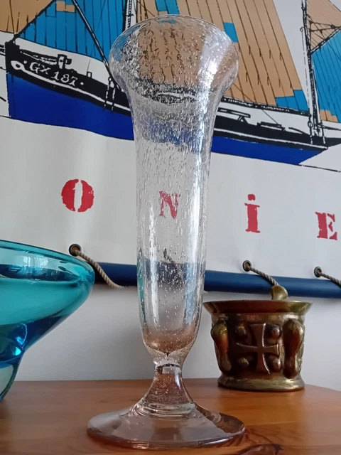 Verre à Pied Soufflé Bullé Bleu Signé Biot – H 19,6 Cm – Authentique Art De La Verrerie