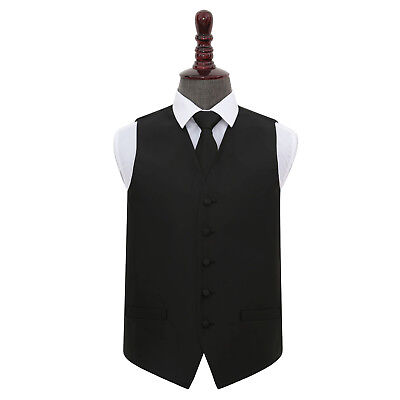 DQT Woven Plain Solid Check Black Mens Wedding Waistcoat & Tie Set