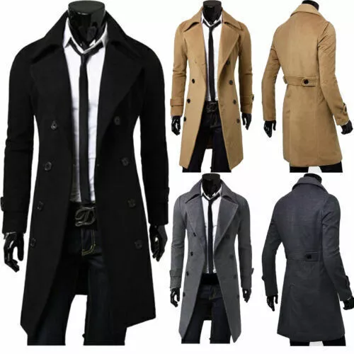 Mens Winter Trench Coat Double Breasted Warm Tops Jacket Formal Outwear Overcoat