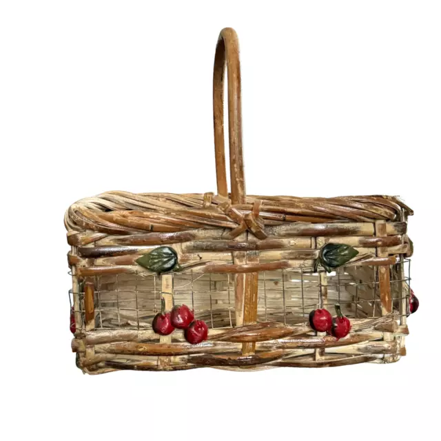 Vintage Bread Basket Woven Handmade Farmhouse  Cottagecore Country Cherry Wire