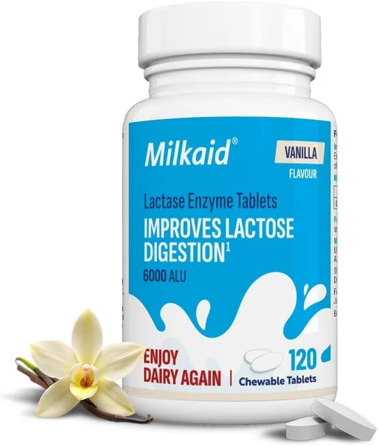 MILKAID VANILLA LACTASE Enzyme Chewable Tablets for Lactose Intolerance ...