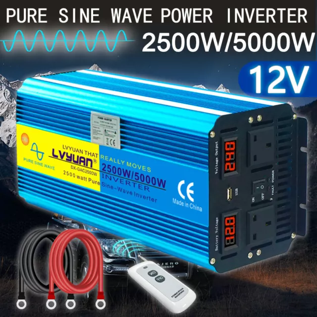 Power Inverter 12V to 240V Pure Sine Wave 2500 5000W Caravan Converter LED USB