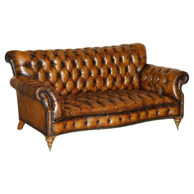 Victorian Serpentine Fronted Hand Dyed Restored Brown Leather Chesterfield Sofa