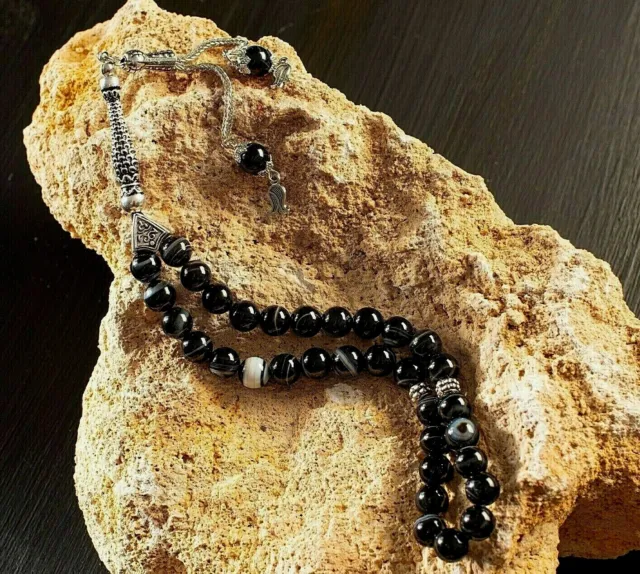 REAL Black Agate Aqeeq Islamic Prayer 33 beads, Tasbih, Misbaha, Sibha, Tasbeeh