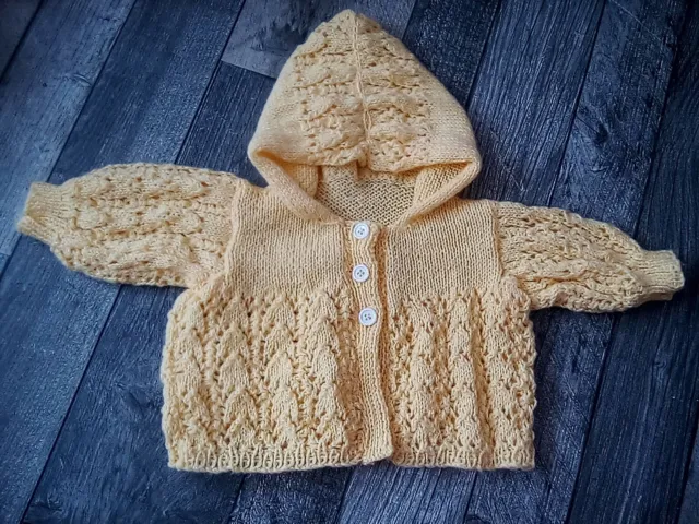 Hand Knitted Baby Cardigan Yellow 3-6 months Girls With Hood