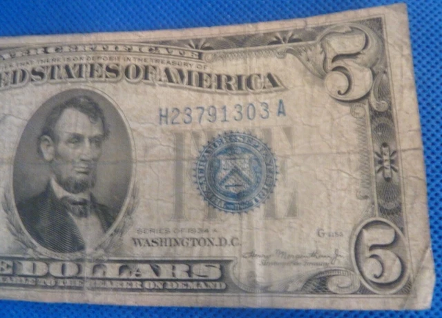 US $5 Five Dollar SILVER CERTIFICATE Series 1934A - Blue Seal 3