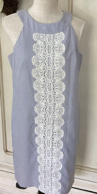 London Times Women's Size 10 Blue Striped White Trim Seer Sucker Shift Dress