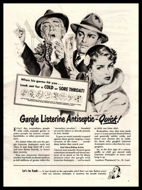 1950 Listerine Antiseptic "Gargle For Colds And Sore Throats" Vintage Print Ad