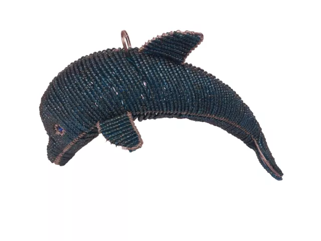 Blue Beaded Wire Art Dolphin Sculpture  Hanging 8"