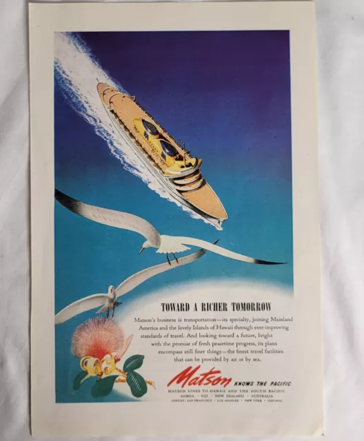 Matson Line Vintage Print Ad 1945 Cruise Boat Hawaii Pacific Ocean