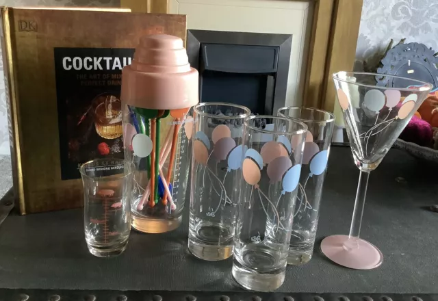 Glass Cocktail Set. Includes Shaker, Glasses, Measuring Cup And Book
