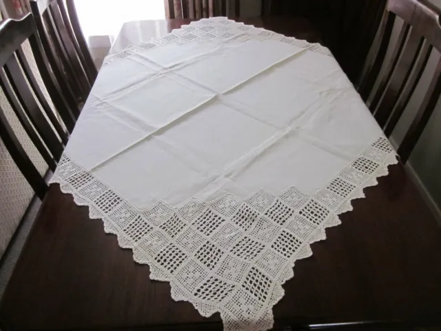 Beautiful Cream Filet Crochet Lace Deep Border Linen Tablecloth
