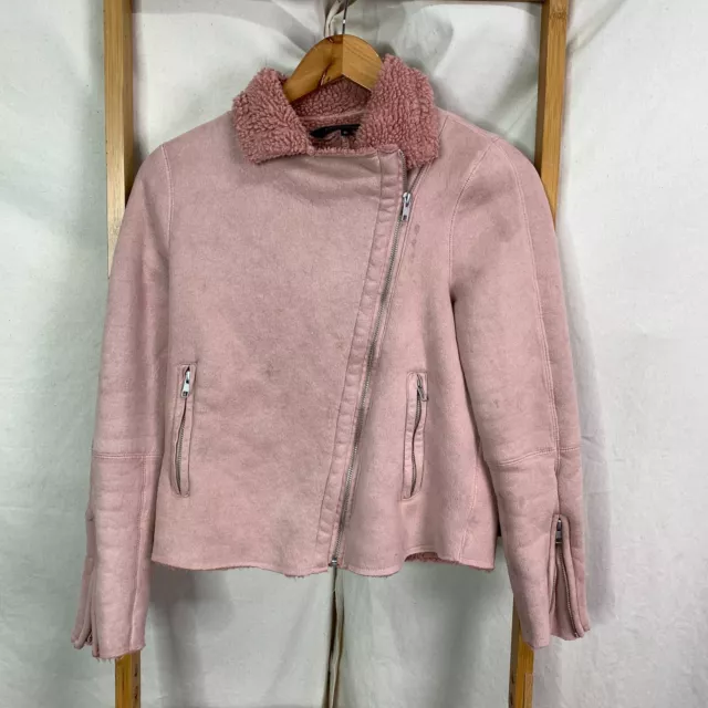 French Connection Biker Jacket Womens 6 Pink Faux Fur Collar Long Sleeve