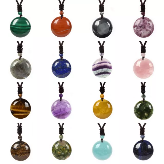 Natural Gemstone Round Shapes Bead Pendant Amulet Adjustable Necklace 18" to 26"