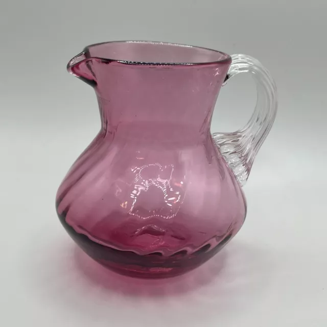 Vintage Cranberry Glass Pitcher With Applied Clear Glass Striated Handle