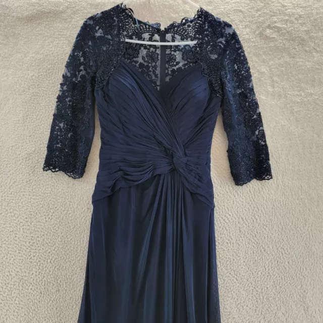 La Femme Ruched Twist Column Gown Women's 4 Navy Sheer Crystal-Sparked Lace 2