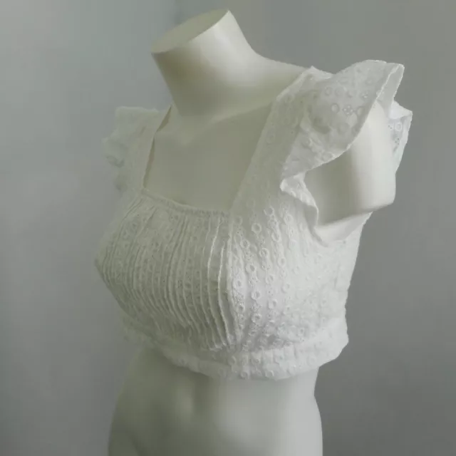 Shein Womens Blouse Large White Crop Top Eyelet Lace Flutter Sleeve Backless