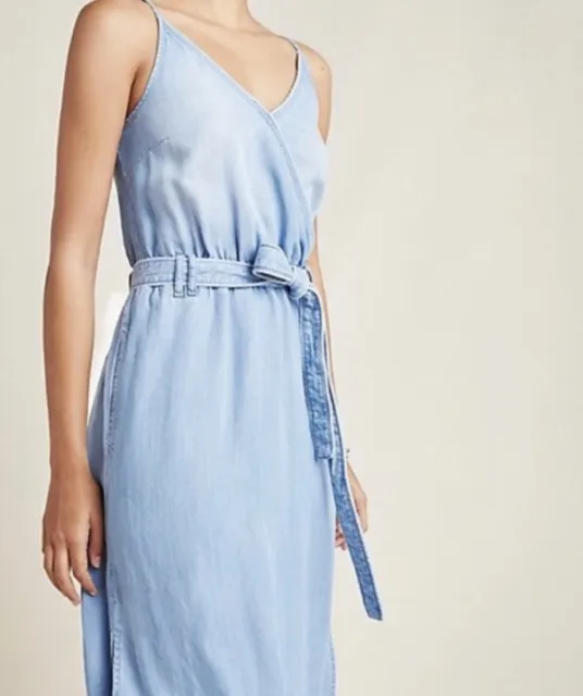 Cloth & Stone Anthropologie Dress XS Surplice Chambray Midi Side Slits Tie Waist