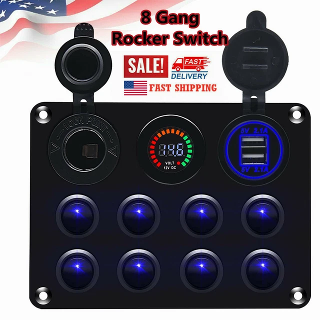 8 GANG BLUE Rocker Switch Panel Circuit Breaker LED Waterproof Car