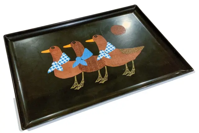 vintage COUROC Large Serving TRAY 3 Ducks INLAID WOOD Servingware GIFTWARE